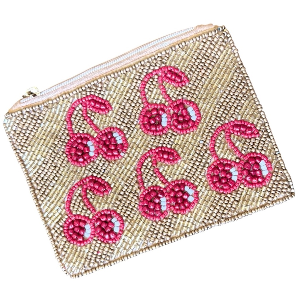 Handmade Cherries Beaded Coin Purse Gold & Pink Zip Lipstick Pouch & Card Holder